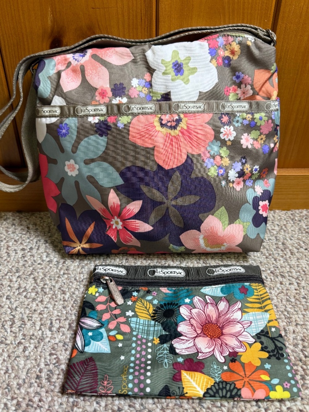 LeSportsac Floral Crossbody Shoulder Bag with Matching Zip Pouch Multicolor